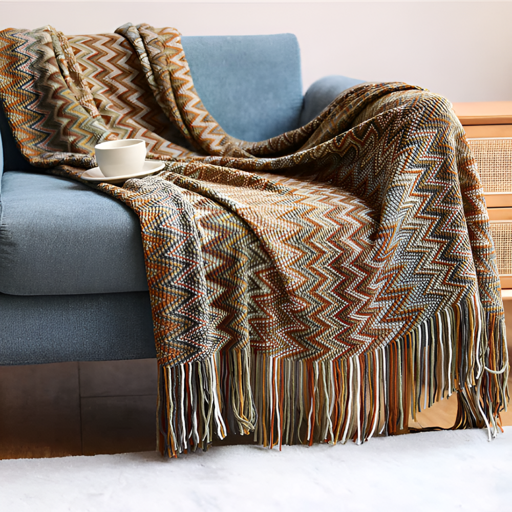 Koc akrylowy z frędzlami 130x170 lub 130x230 cm – dziergany koc boho w zygzak, 3 kolory