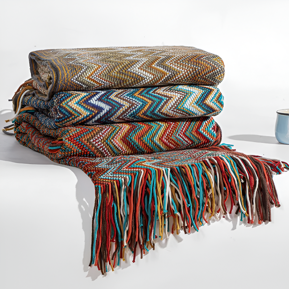 Koc akrylowy z frędzlami 130x170 lub 130x230 cm – dziergany koc boho w zygzak, 3 kolory