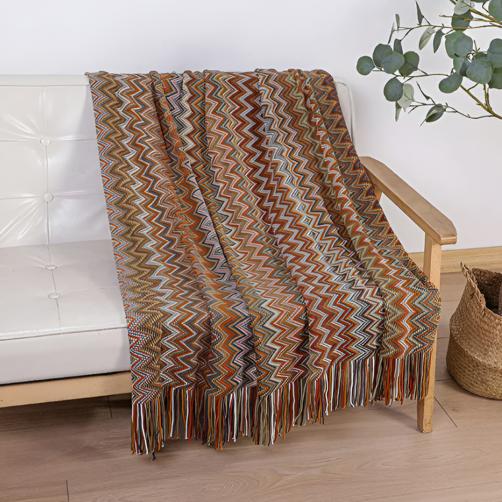 Koc akrylowy z frędzlami 130x170 lub 130x230 cm – dziergany koc boho w zygzak, 3 kolory