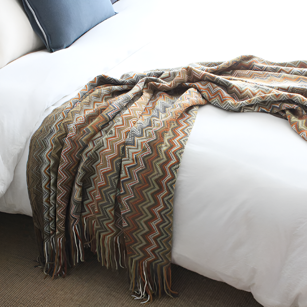 Koc akrylowy z frędzlami 130x170 lub 130x230 cm – dziergany koc boho w zygzak, 3 kolory