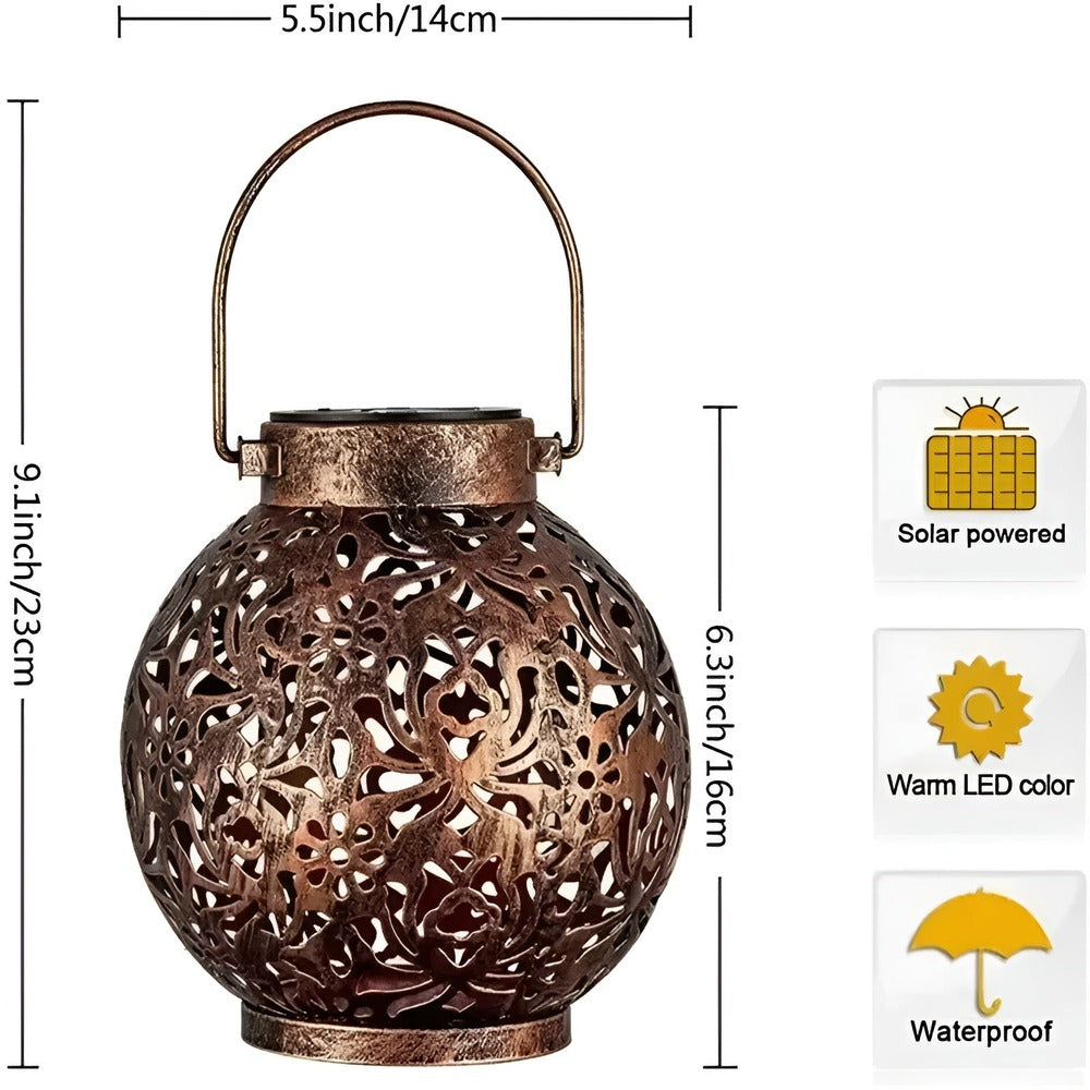 Antique Solar-Powered Garden Lantern - Round Metal Design for Charming Outdoor Illumination 5