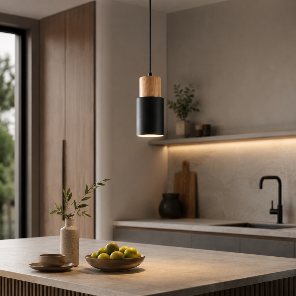 Nowoczesna Lampa Wisząca z Drewna i Metalu – Cylindryczna Lampa Sufitowa z Regulowanym Kablem