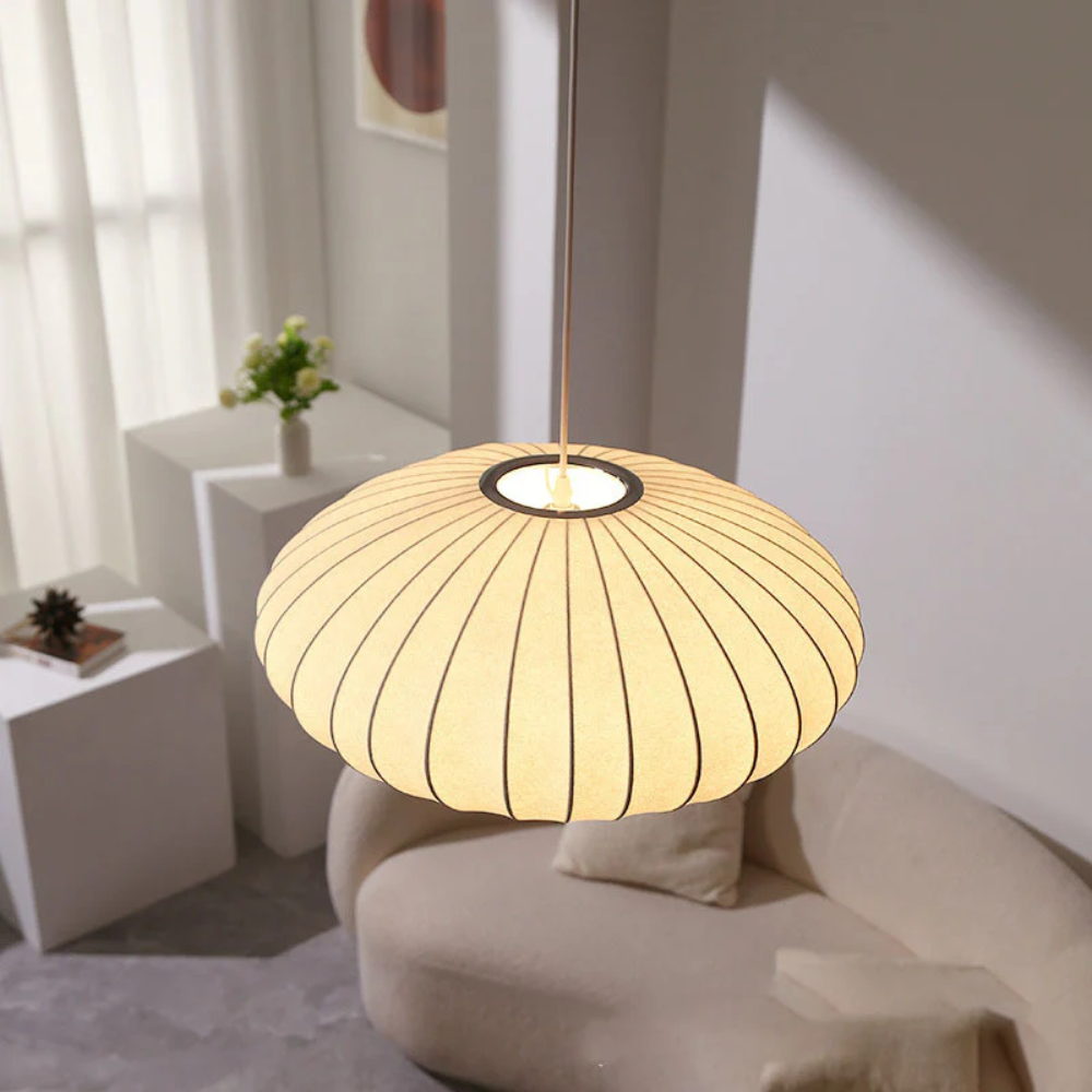 Biała Lampa Wisząca Bubble z Tkaniny – Okrągła Lampa Sufitowa z Plisowanym Kloszem do Salonu i Jadalni