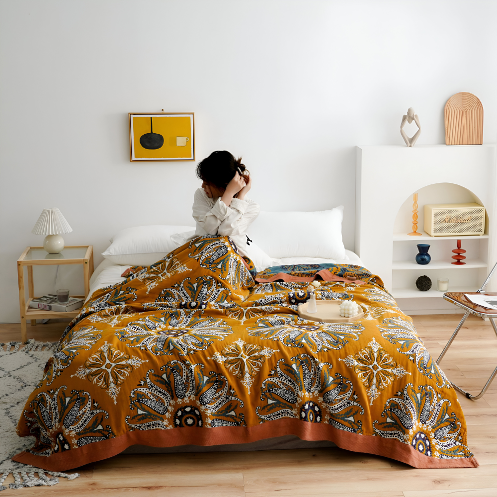 Narzuta na łóżko bawełniana 150x200 lub 200x230 cm – koc boho w geometryczny wzór, 7 kolorów