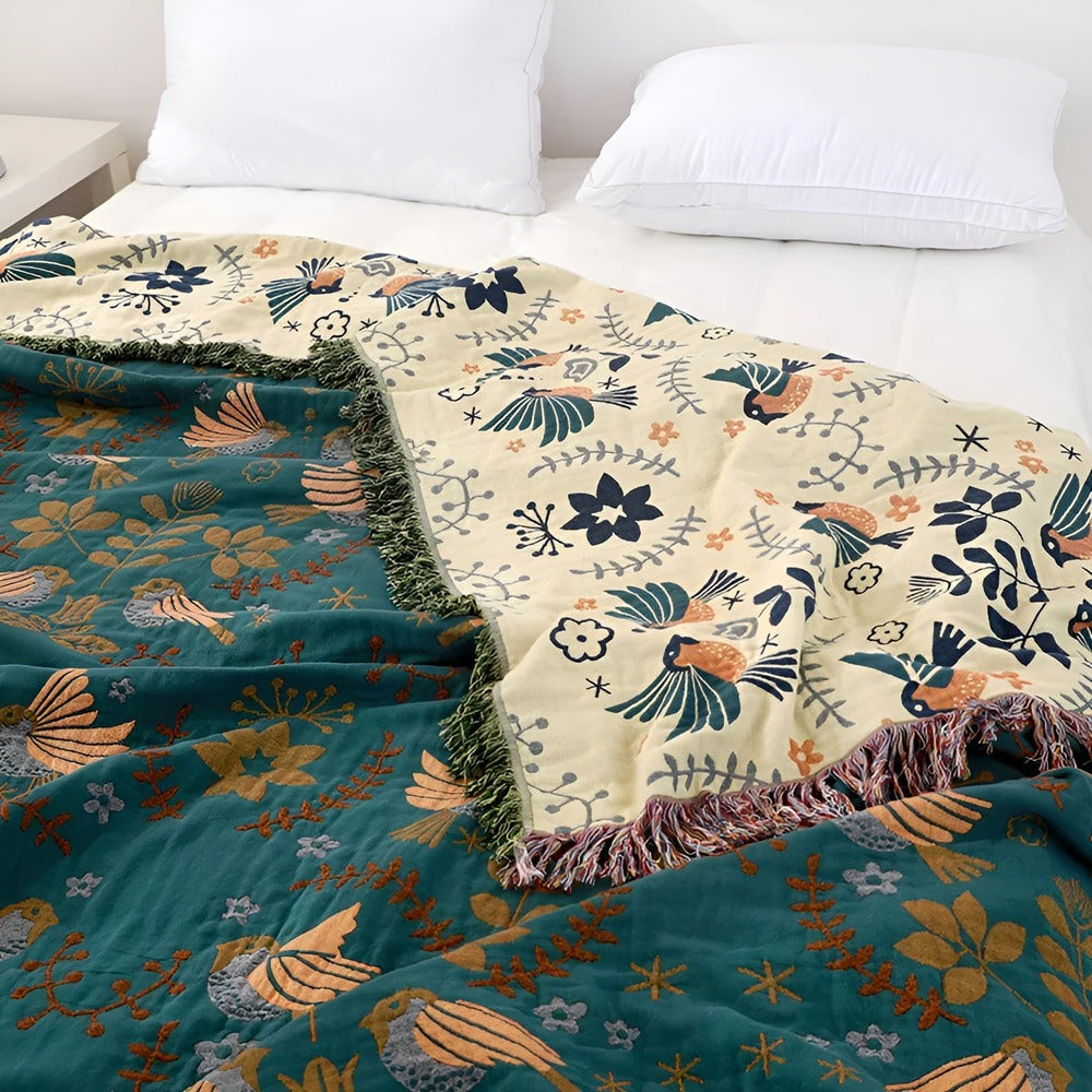 Boho Cotton Throw Blanket - Double-Sided Embroidered Design for Cozy Living Room Decor 1