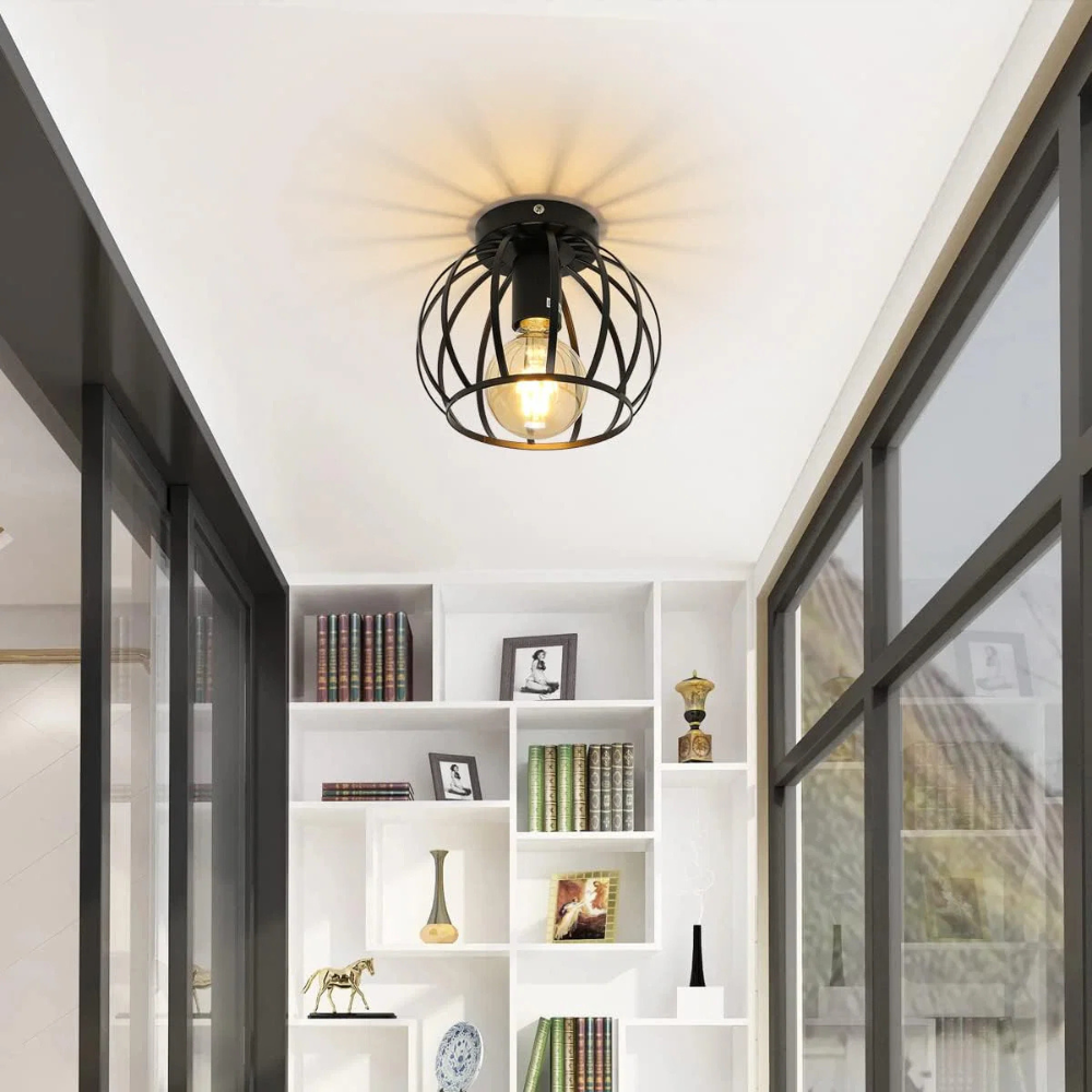 Czarna Metalowa Lampa Sufitowa LED – Geometryczny Plafon z Ażurowym Kloszem do Korytarza i Przedpokoju
