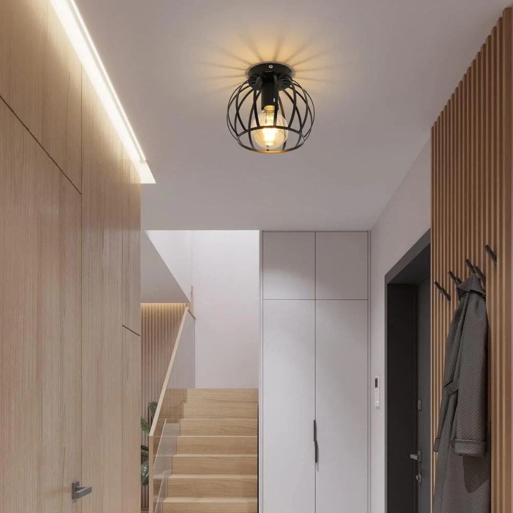 Czarna Metalowa Lampa Sufitowa LED – Geometryczny Plafon z Ażurowym Kloszem do Korytarza i Przedpokoju