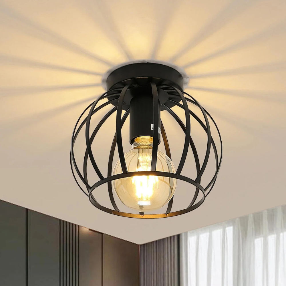 Czarna Metalowa Lampa Sufitowa LED – Geometryczny Plafon z Ażurowym Kloszem do Korytarza i Przedpokoju