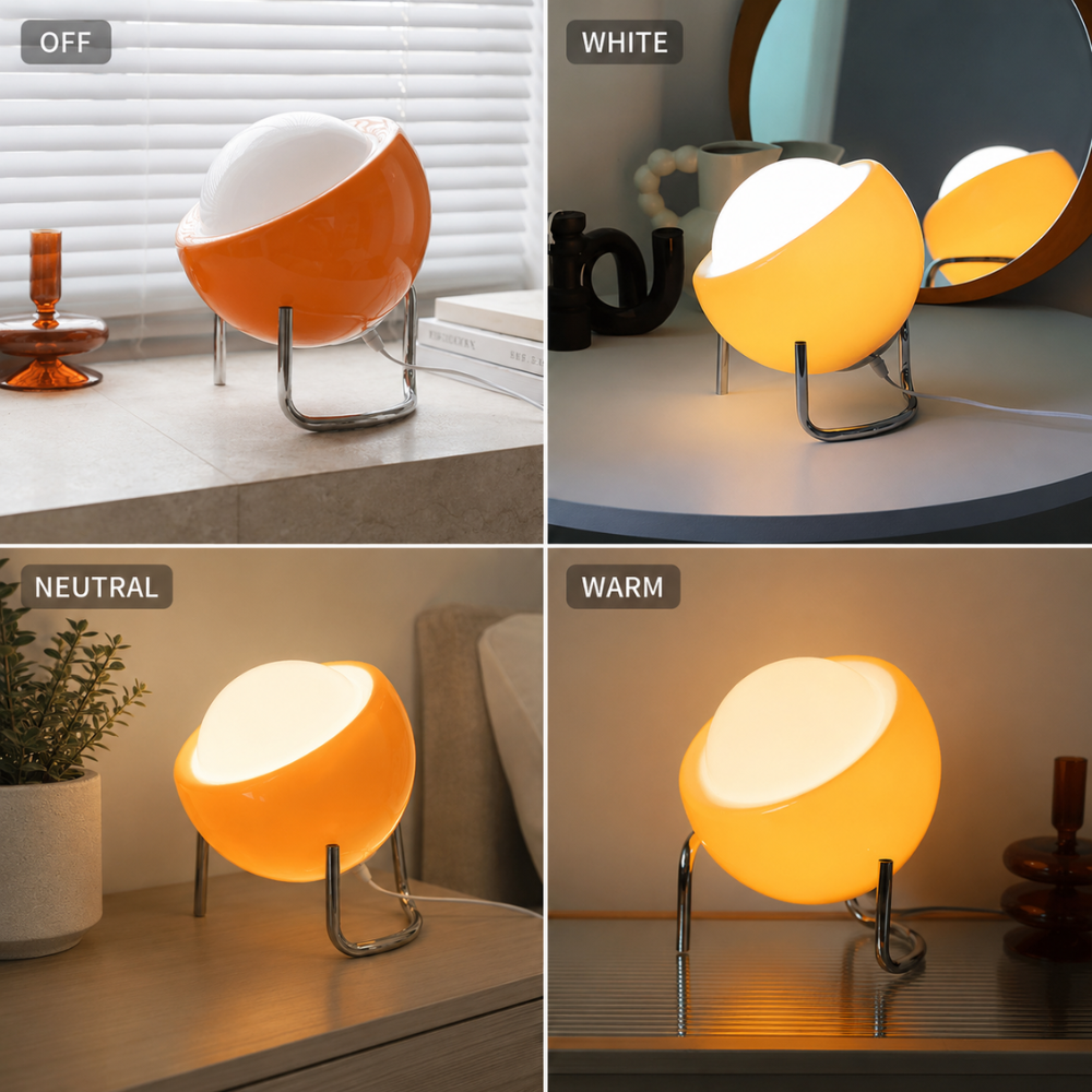 Pomarańczowa Lampa Stołowa LED – Designerska Lampka Nocna z Kulistym Kloszem do Sypialni i Salonu