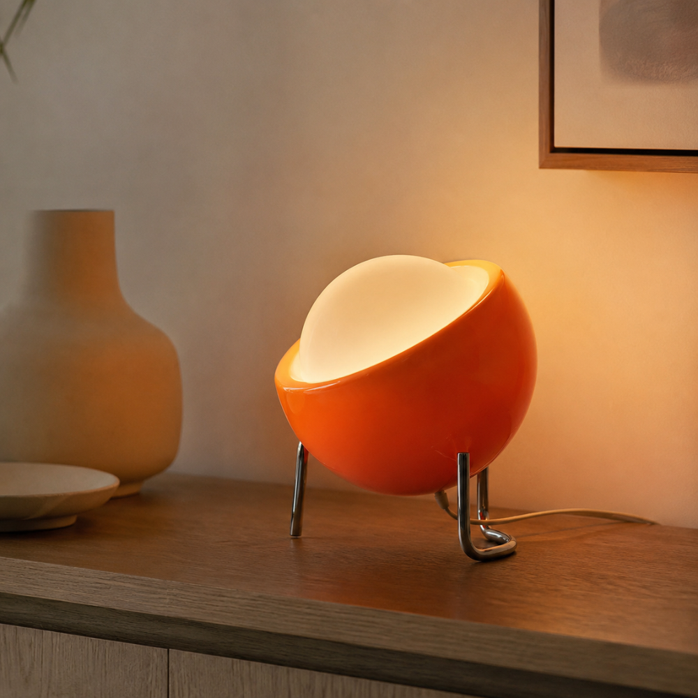 Pomarańczowa Lampa Stołowa LED – Designerska Lampka Nocna z Kulistym Kloszem do Sypialni i Salonu