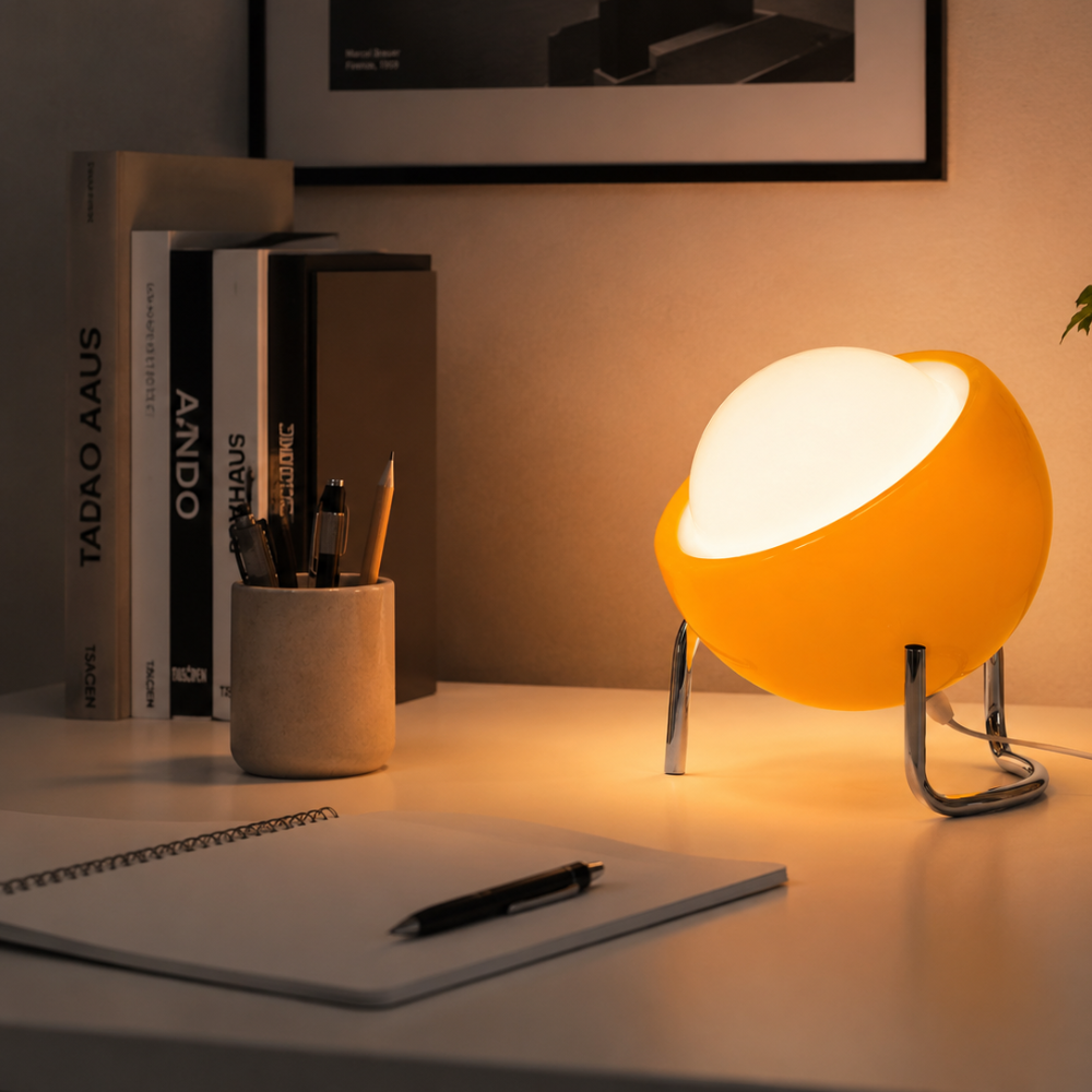 Pomarańczowa Lampa Stołowa LED – Designerska Lampka Nocna z Kulistym Kloszem do Sypialni i Salonu