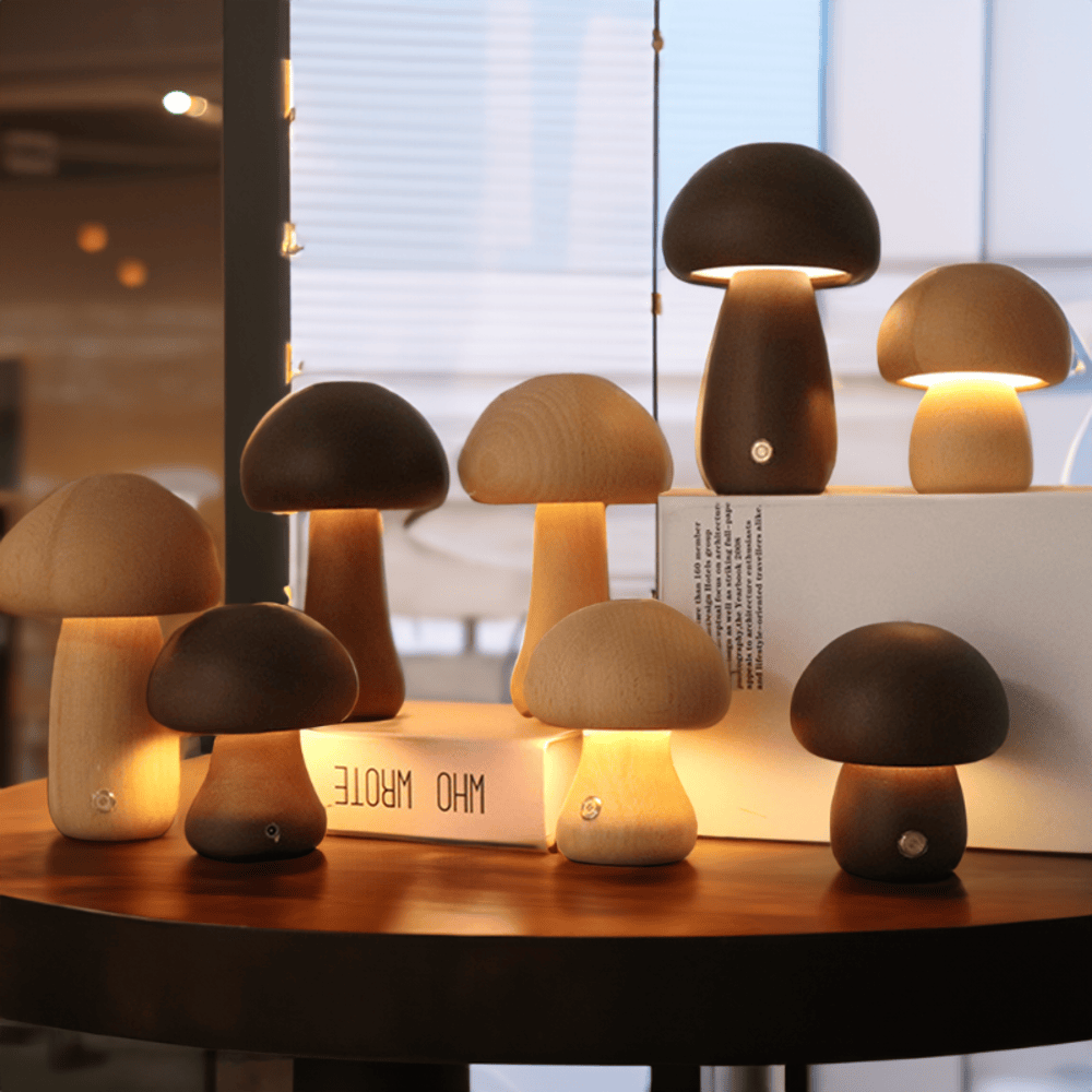 Magical Wooden Mushroom Night Lamp - LED Cozy Light for Kids Room Decor - 2
