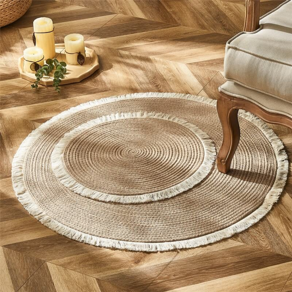 Okrągły Dywan Boho z Frędzlami – Tkany Dywan Dekoracyjny w Naturalnym Stylu do Salonu i Sypialni