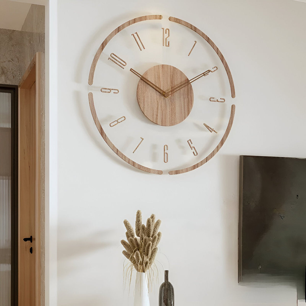 Zegar ścienny drewniany 30 lub 35 cm – przezroczysta tarcza akrylowa, cichy, 3 wzory