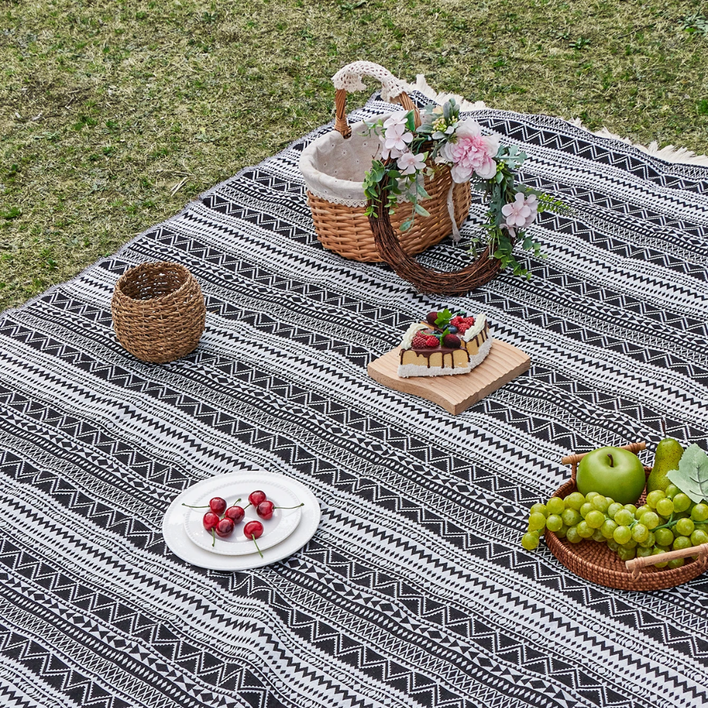 Koc piknikowy Boho, tkany koc plażowy, czarno-biały z paskiem, idealny na kemping, do ogrodu i podróży 0