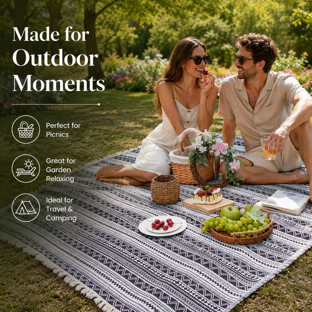Koc piknikowy Boho, tkany koc plażowy, czarno-biały z paskiem, idealny na kemping, do ogrodu i podróży 1