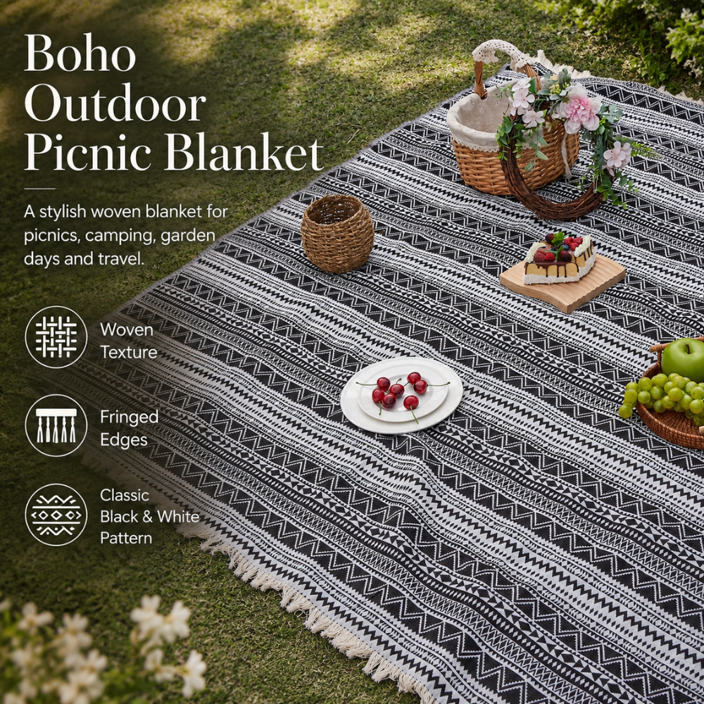 Koc piknikowy Boho, tkany koc plażowy, czarno-biały z paskiem, idealny na kemping, do ogrodu i podróży 2
