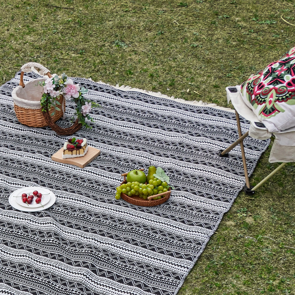 Koc piknikowy Boho, tkany koc plażowy, czarno-biały z paskiem, idealny na kemping, do ogrodu i podróży 5