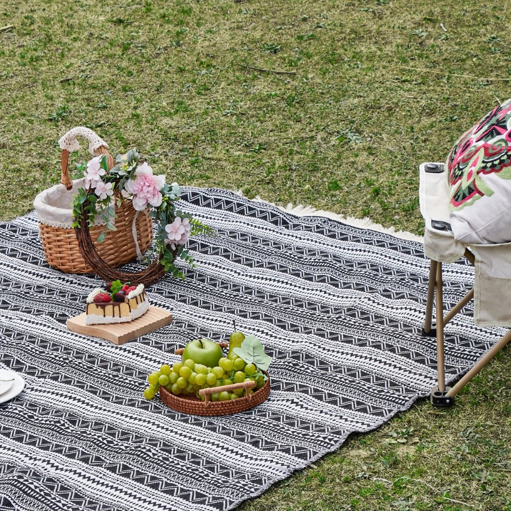 Koc piknikowy Boho, tkany koc plażowy, czarno-biały z paskiem, idealny na kemping, do ogrodu i podróży 7