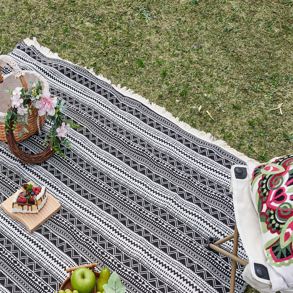 Koc piknikowy Boho, tkany koc plażowy, czarno-biały z paskiem, idealny na kemping, do ogrodu i podróży 8