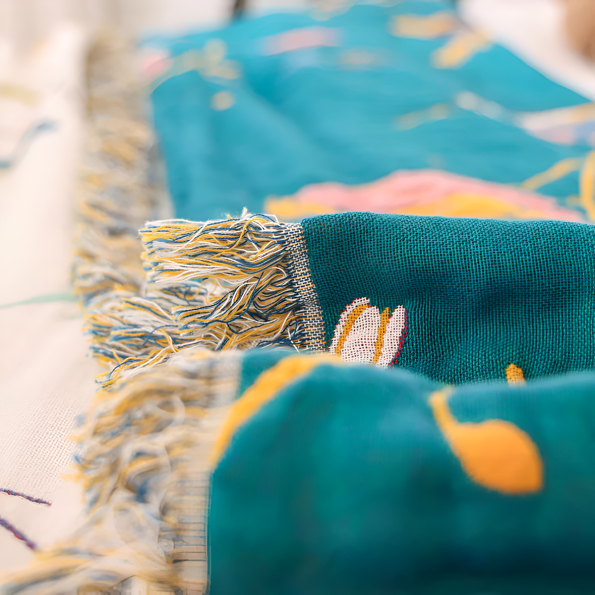 Koc wełniano-bawełniany w stylu boho – miękki koc z motywem ptaków i frędzlami na sofę, łóżko i salon 6