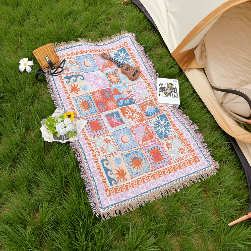 Kolorowy koc piknikowy w stylu boho z frędzlami | Zmywalny koc z poliestru do użytku na zewnątrz, na kempingu, na plaży, na kanapie i w ogrodzie 0