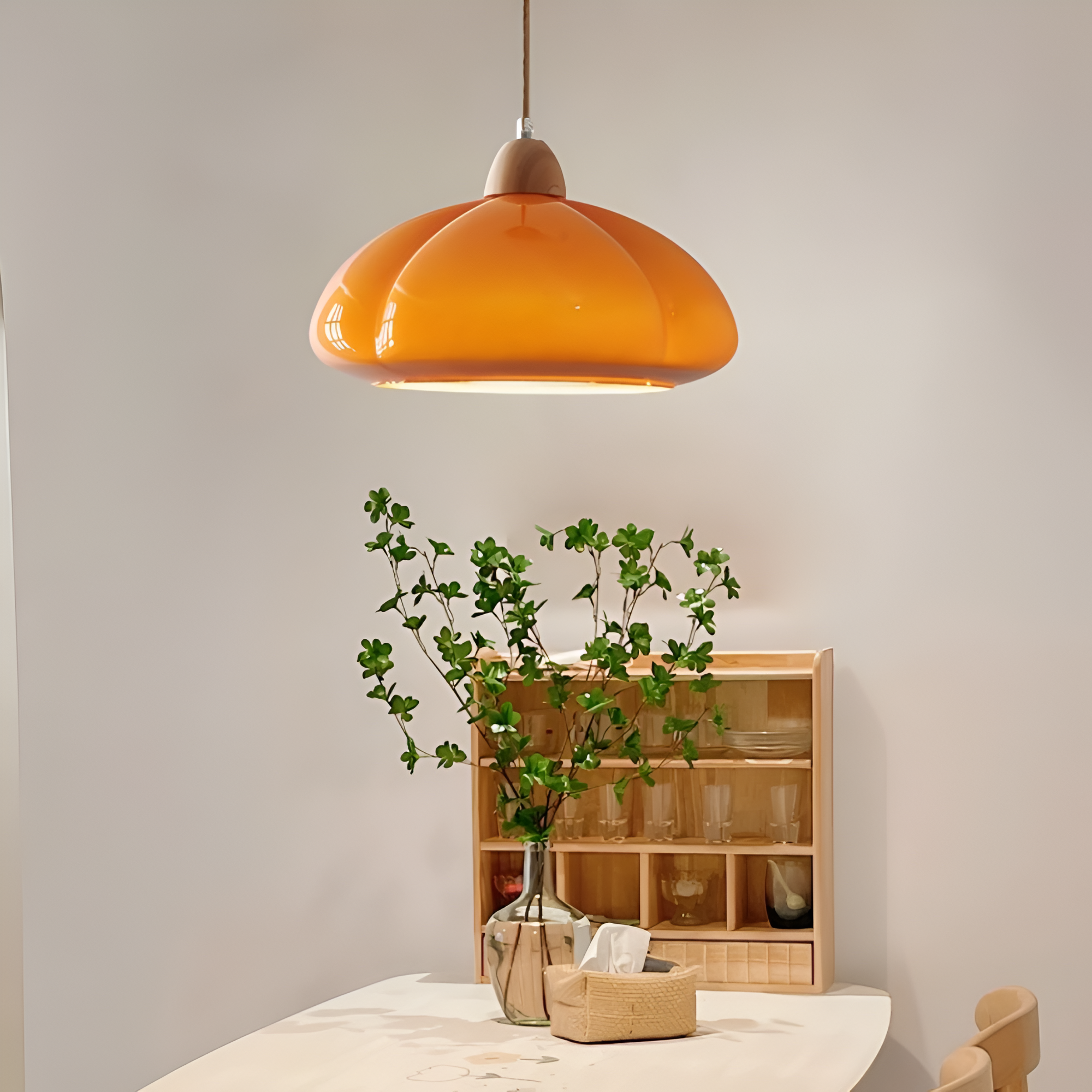 Lampa wisząca w stylu retro - Lampa wisząca inspirowana dynią, wykonana ze szkła nordyckiego i drewna 2