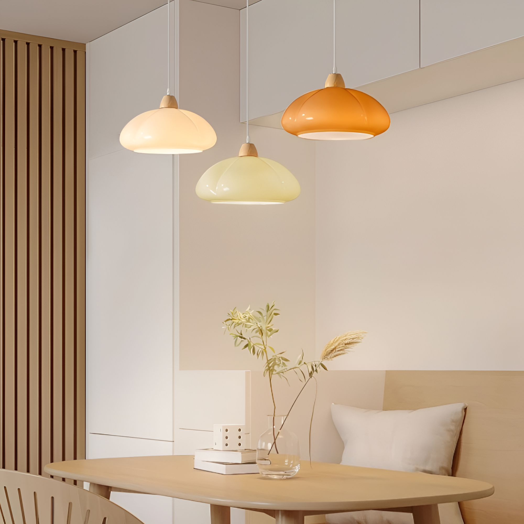 Lampa wisząca w stylu retro - Lampa wisząca inspirowana dynią, wykonana ze szkła nordyckiego i drewna 4