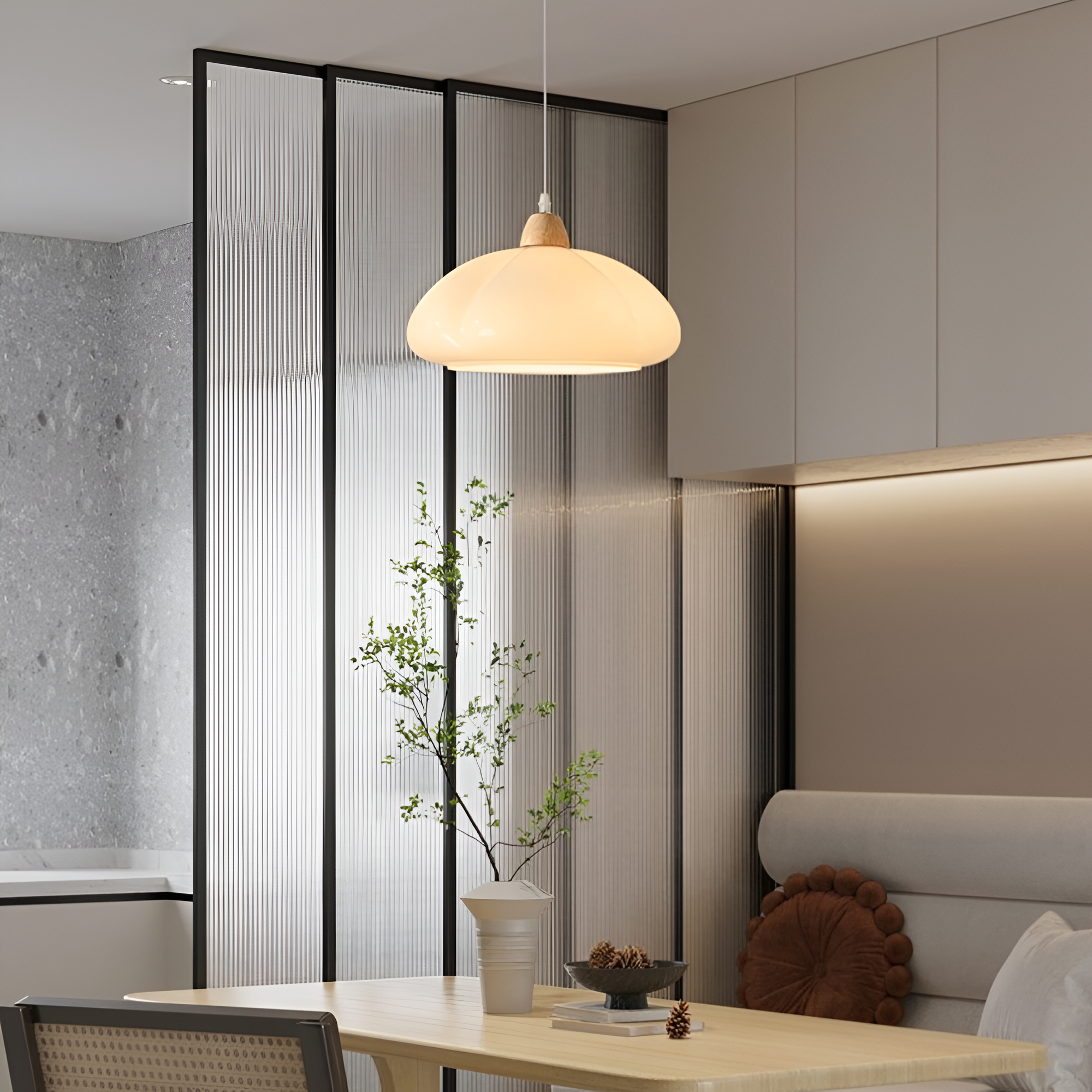 Lampa wisząca w stylu retro - Lampa wisząca inspirowana dynią, wykonana ze szkła nordyckiego i drewna 7