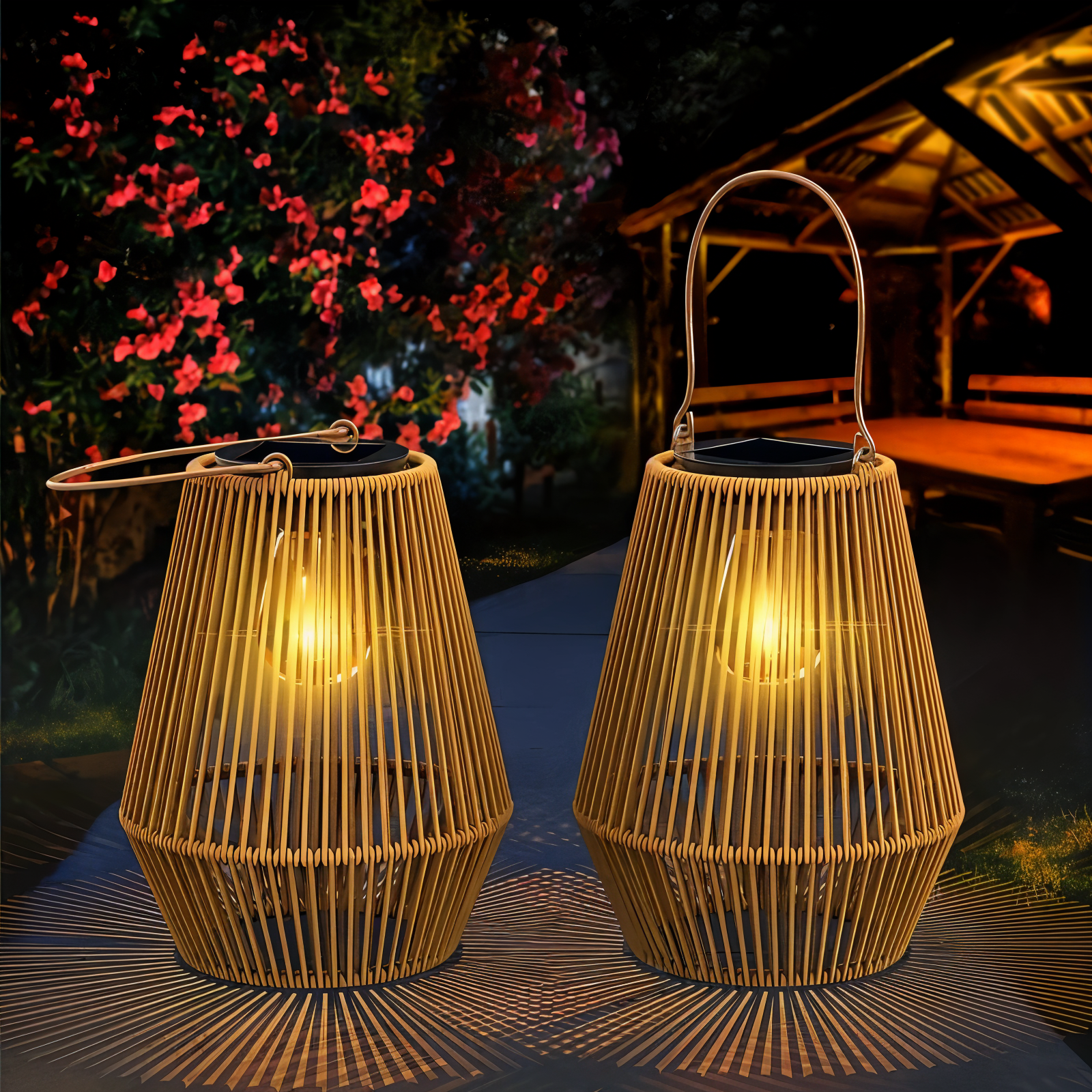 Lampy solarne CageRattan Garden - Lampy solarne bambusowe - Wodoodporna wisząca latarnia 2