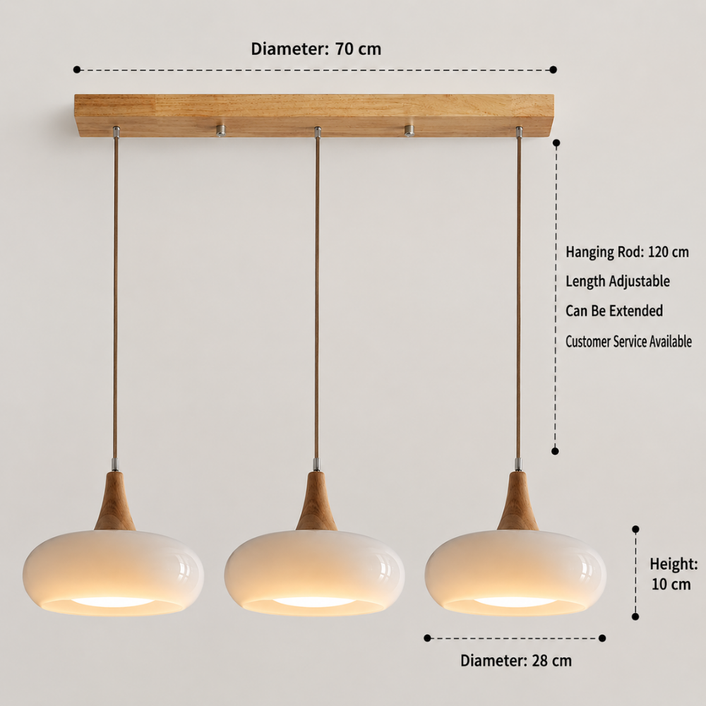 Wymiary lampy wiszącej z trzema kloszami: listwa 70 cm, klosz 28 cm, wysokość klosza 10 cm