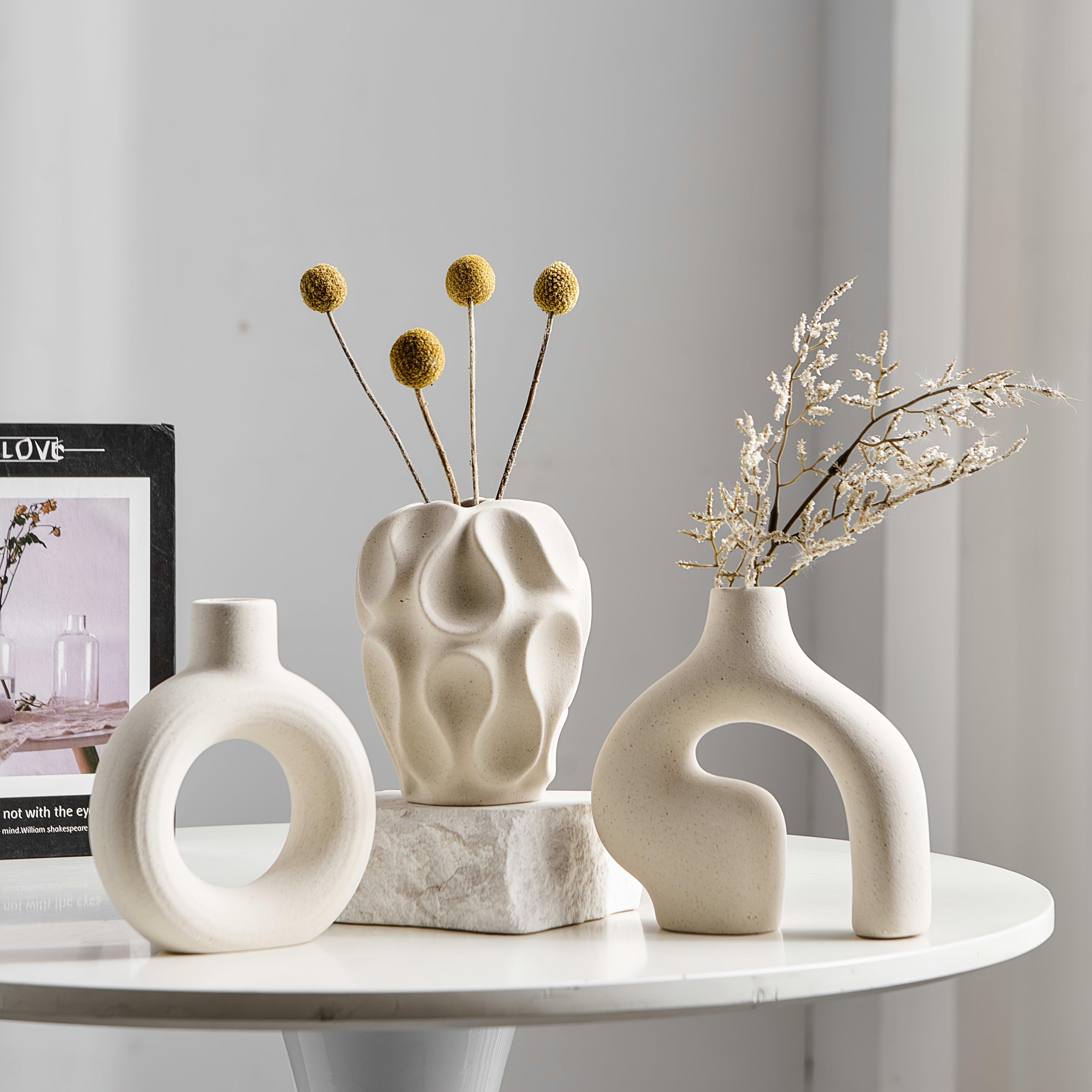 Minimalistyczny Zestaw Wazonów Boho 3 Sztuki - Geometryczna Ceramika Biała do Eleganckich Wnętrz 2