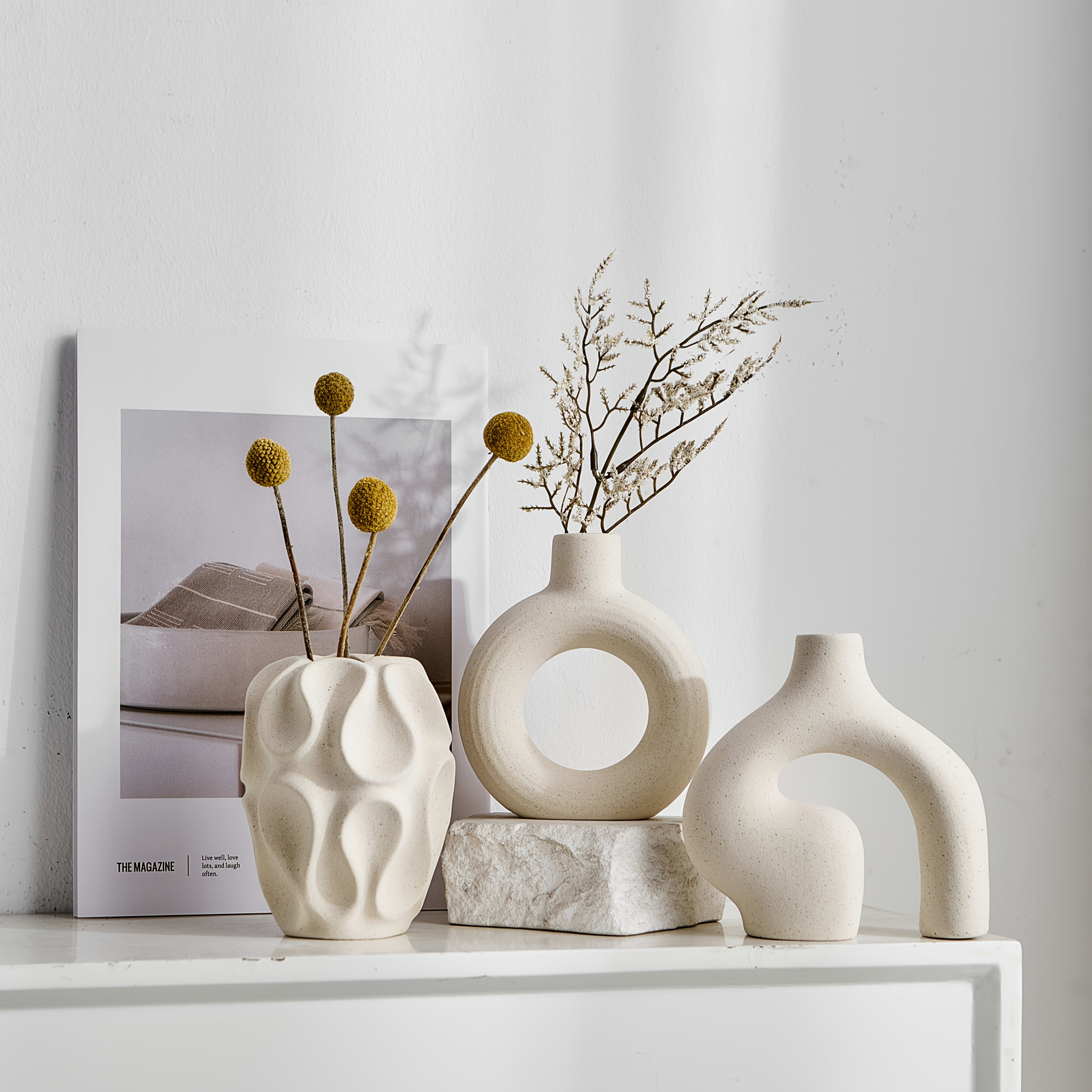 Minimalistyczny Zestaw Wazonów Boho 3 Sztuki - Geometryczna Ceramika Biała do Eleganckich Wnętrz 3