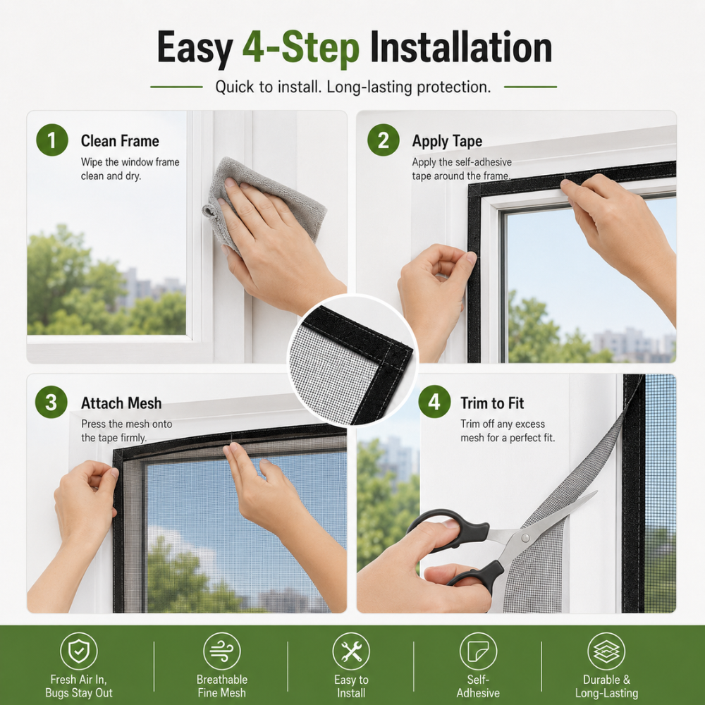Moskitiera samoprzylepna do okien – Moskitiera docinana na wymiar z zapięciem na rzep chroniąca przed owadami 4