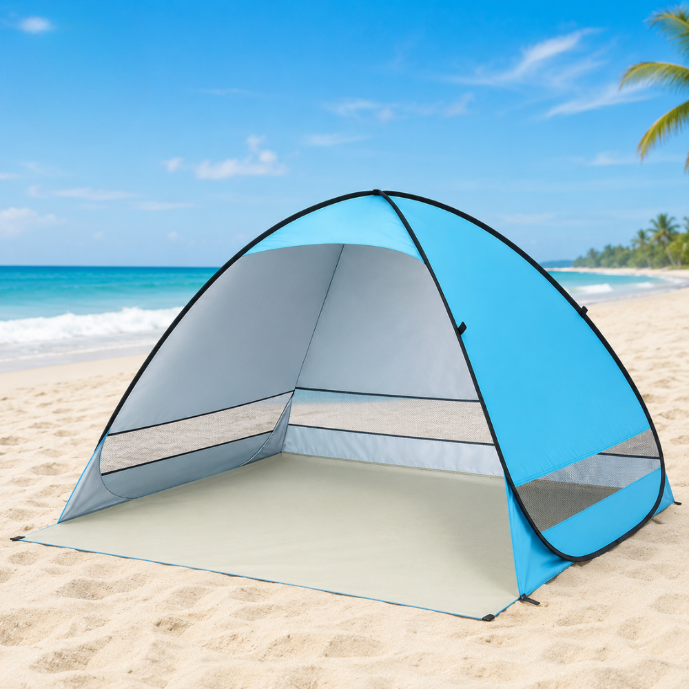 Namiot plażowy typu pop-up, niebieski, 200 x 165 x 130 cm, UPF50+, poliester, do biwakowania na plaży 0