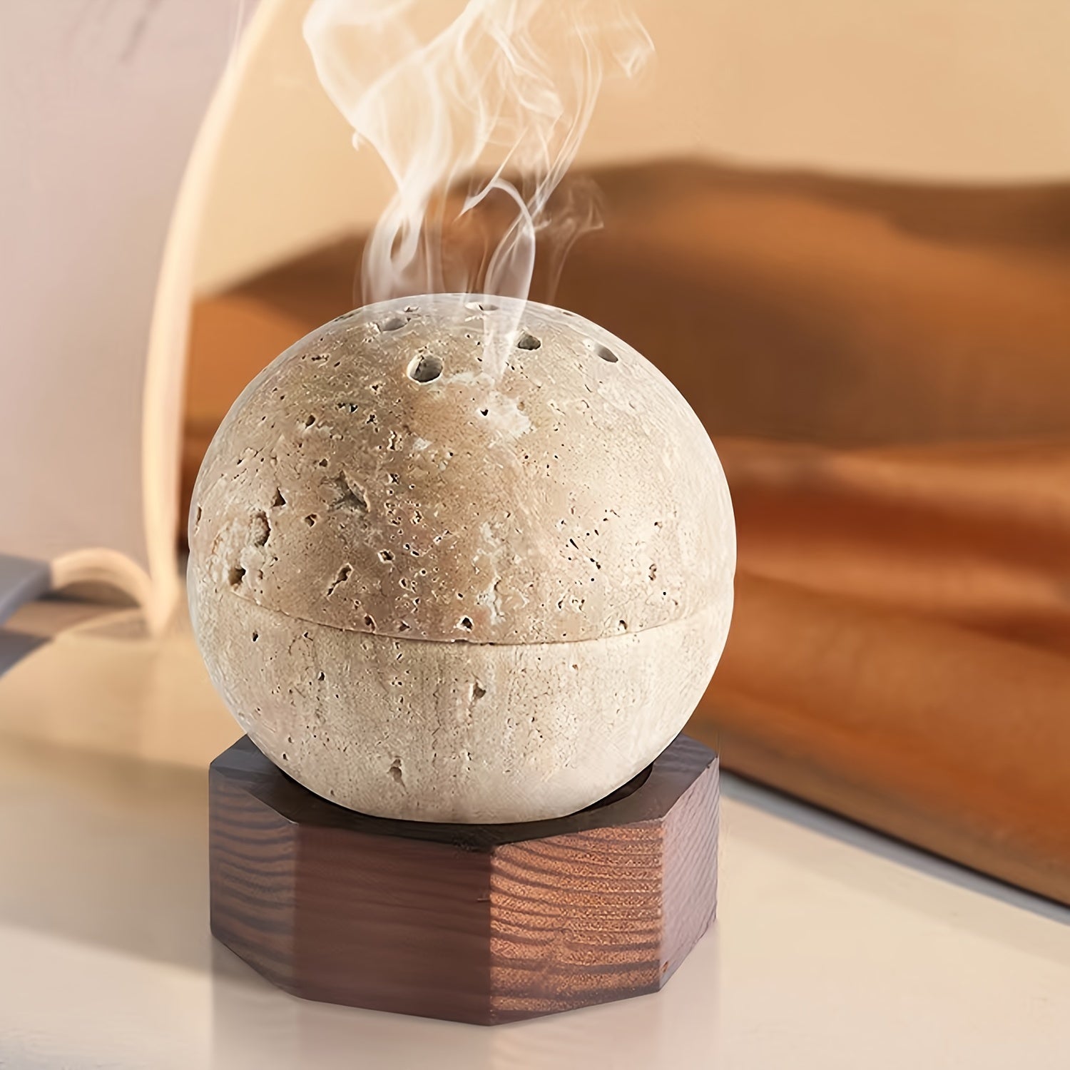 Natural Handcrafted Stone Incense Holder - Travertine Sphere with Wooden Base for Meditation Decor 0