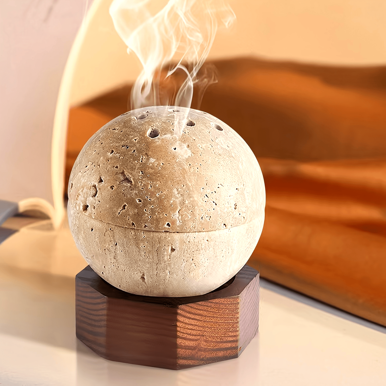 Natural Handcrafted Stone Incense Holder - Travertine Sphere with Wooden Base for Meditation Decor 1