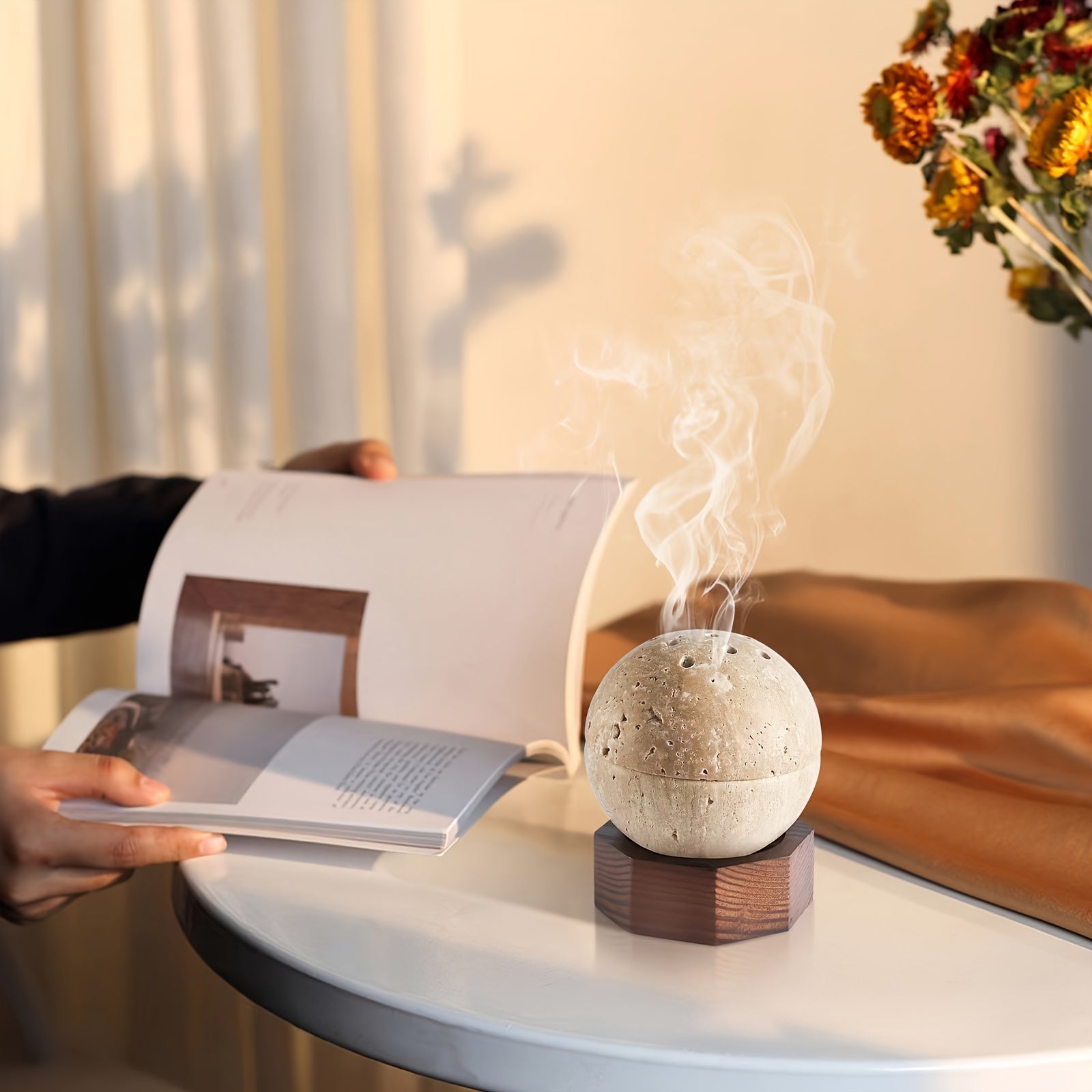Natural Handcrafted Stone Incense Holder - Travertine Sphere with Wooden Base for Meditation Decor 2