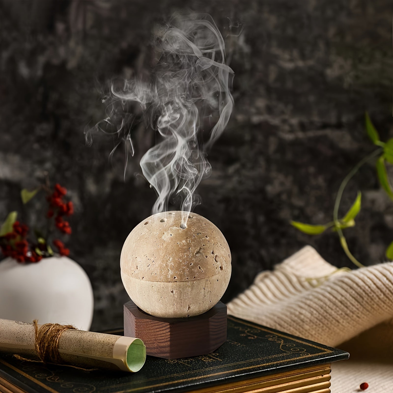 Natural Handcrafted Stone Incense Holder - Travertine Sphere with Wooden Base for Meditation Decor 3