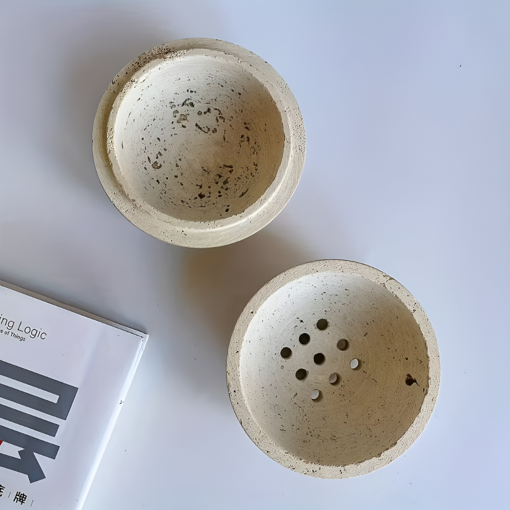 Natural Handcrafted Stone Incense Holder - Travertine Sphere with Wooden Base for Meditation Decor 6