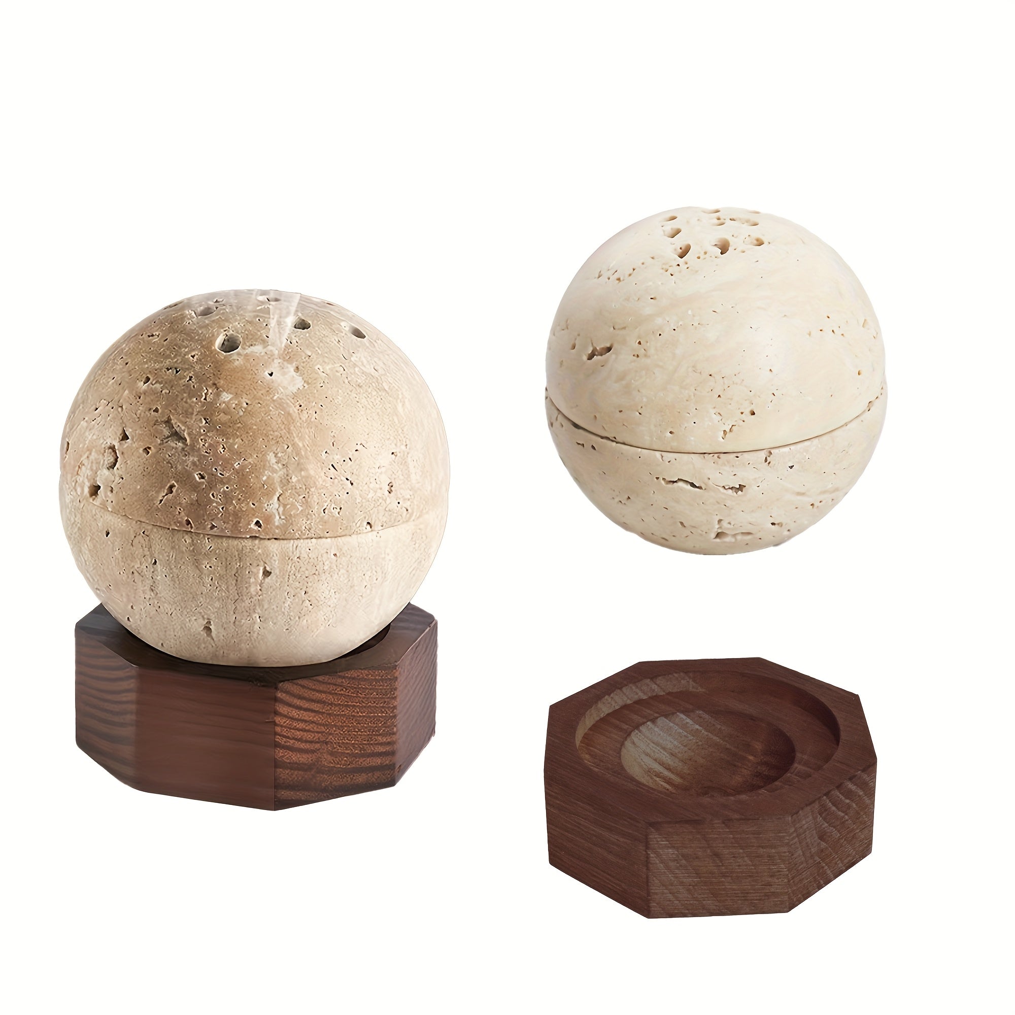 Natural Handcrafted Stone Incense Holder - Travertine Sphere with Wooden Base for Meditation Decor 8