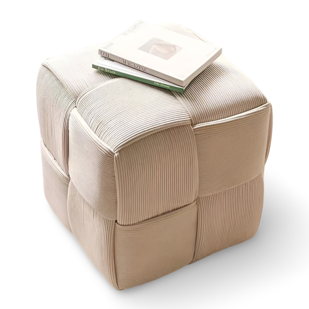 Nordic Wooden Stool 28x28cm - Soft White Corduroy Accent for Living Room 0