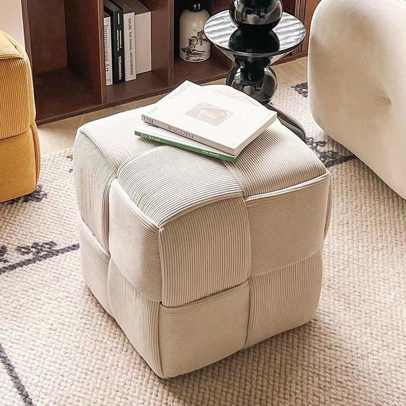 Nordic Wooden Stool 28x28cm - Soft White Corduroy Accent for Living Room 1