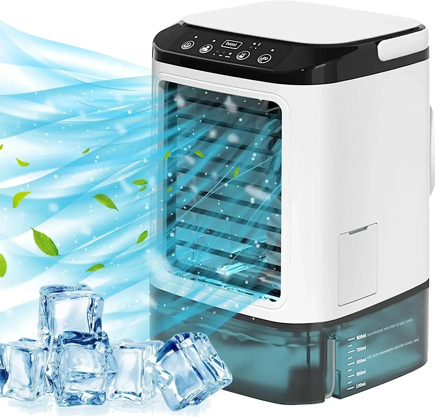 Przenośna mini chłodziarka powietrza USB z nawilżaczem, 3 prędkości, zbiornik na wodę 900 ml, lampka nocna LED 0