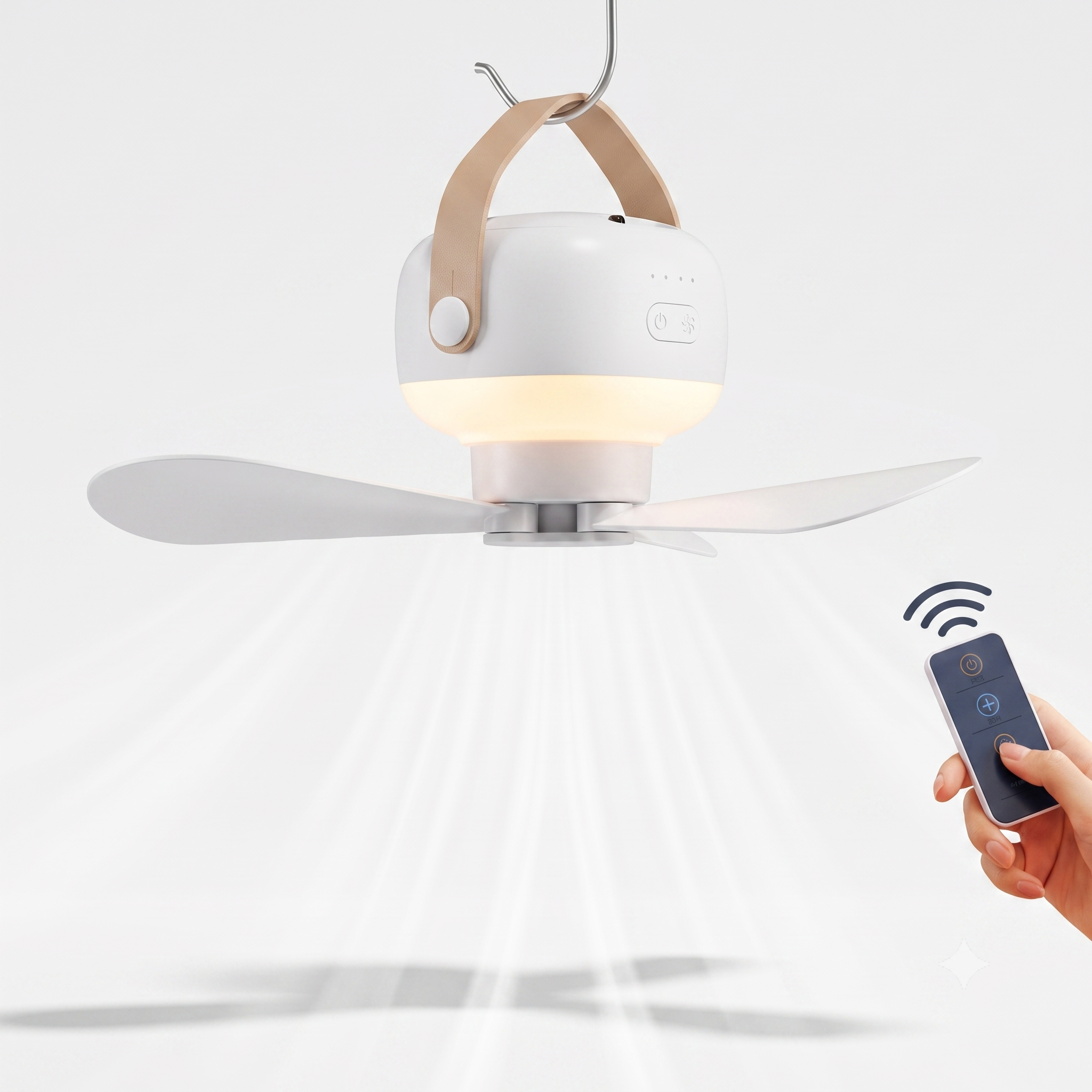 Przenośny wentylator kempingowy z oświetleniem LED, pilotem, baterią USB, wentylator sufitowy do namiotu, biały 0