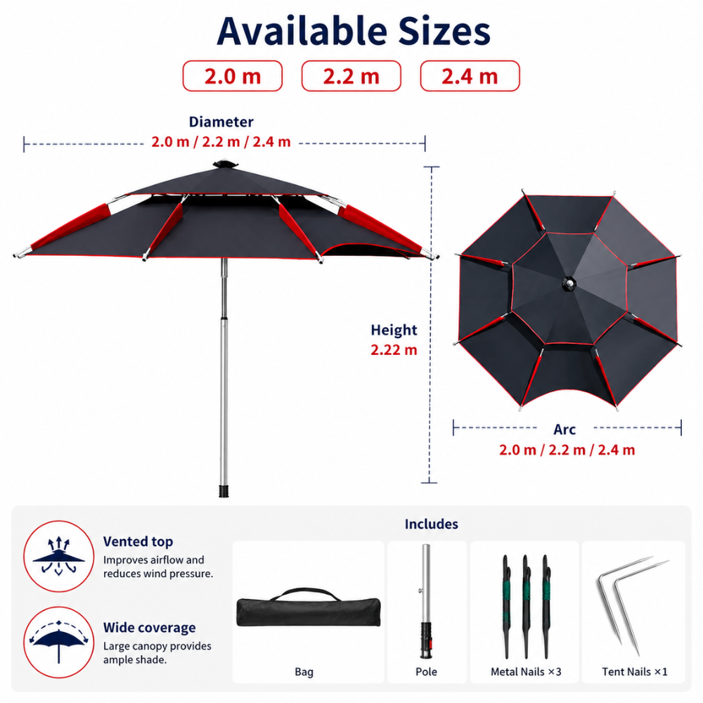 Regulowany parasol ogrodowy 2 m, 2,2 m, 2,4 m Parasol plażowy, wodoodporny, ogrodowy, na taras, kemping, plażę 6