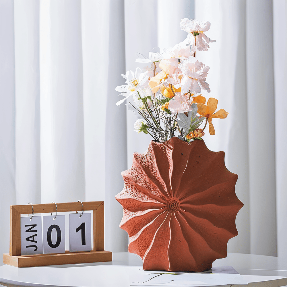 Rustykalny czerwony plisowany wazon ceramiczny – geometryczna doniczka z terakoty 1