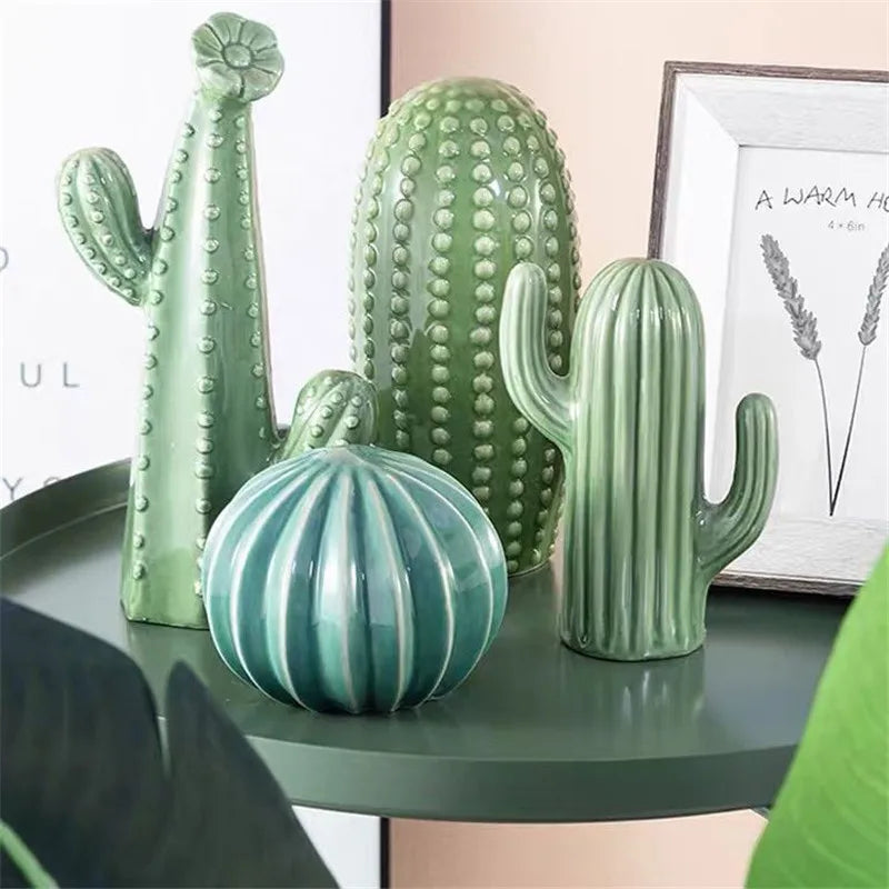 Skandynawska Ręcznie Robiona Rzeźba Kaktusa - Zielona Ceramiczna Dekoracja do Salonu i Biura 3