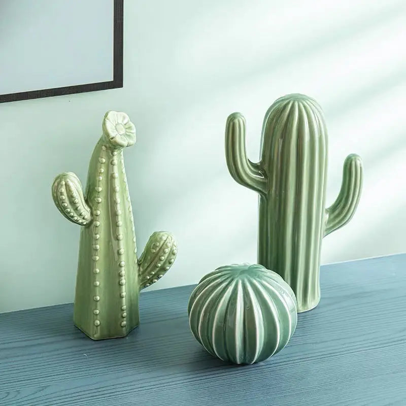 Skandynawska Ręcznie Robiona Rzeźba Kaktusa - Zielona Ceramiczna Dekoracja do Salonu i Biura 5