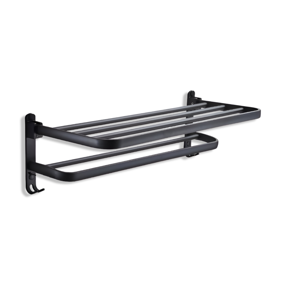 Wieszak na ręczniki łazienkowy 50 cm – czarny aluminiowy reling z haczykami, montaż ścienny